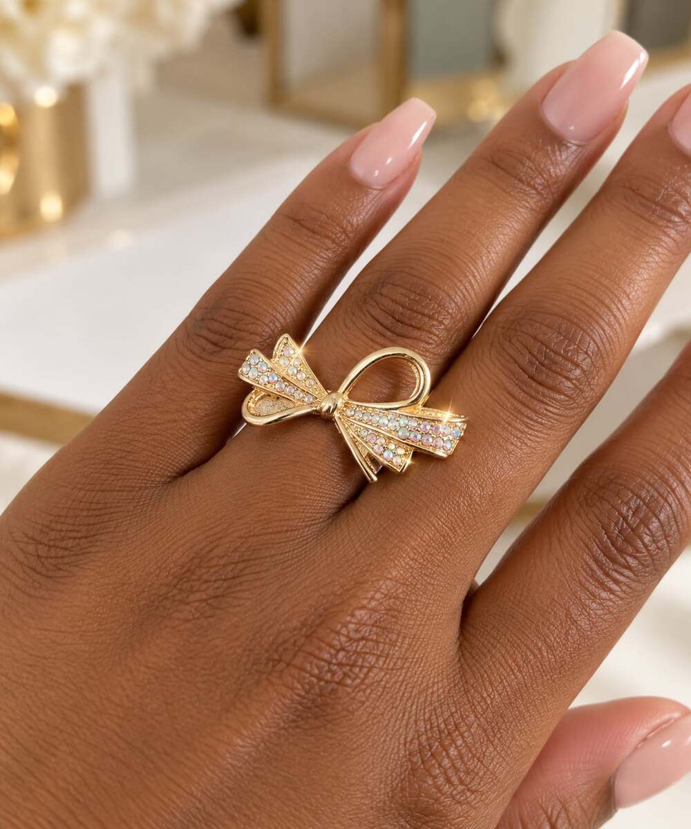 Gold Bow Rhinestone Ring Iridescent Crystal Coquette Statement Jewelry
